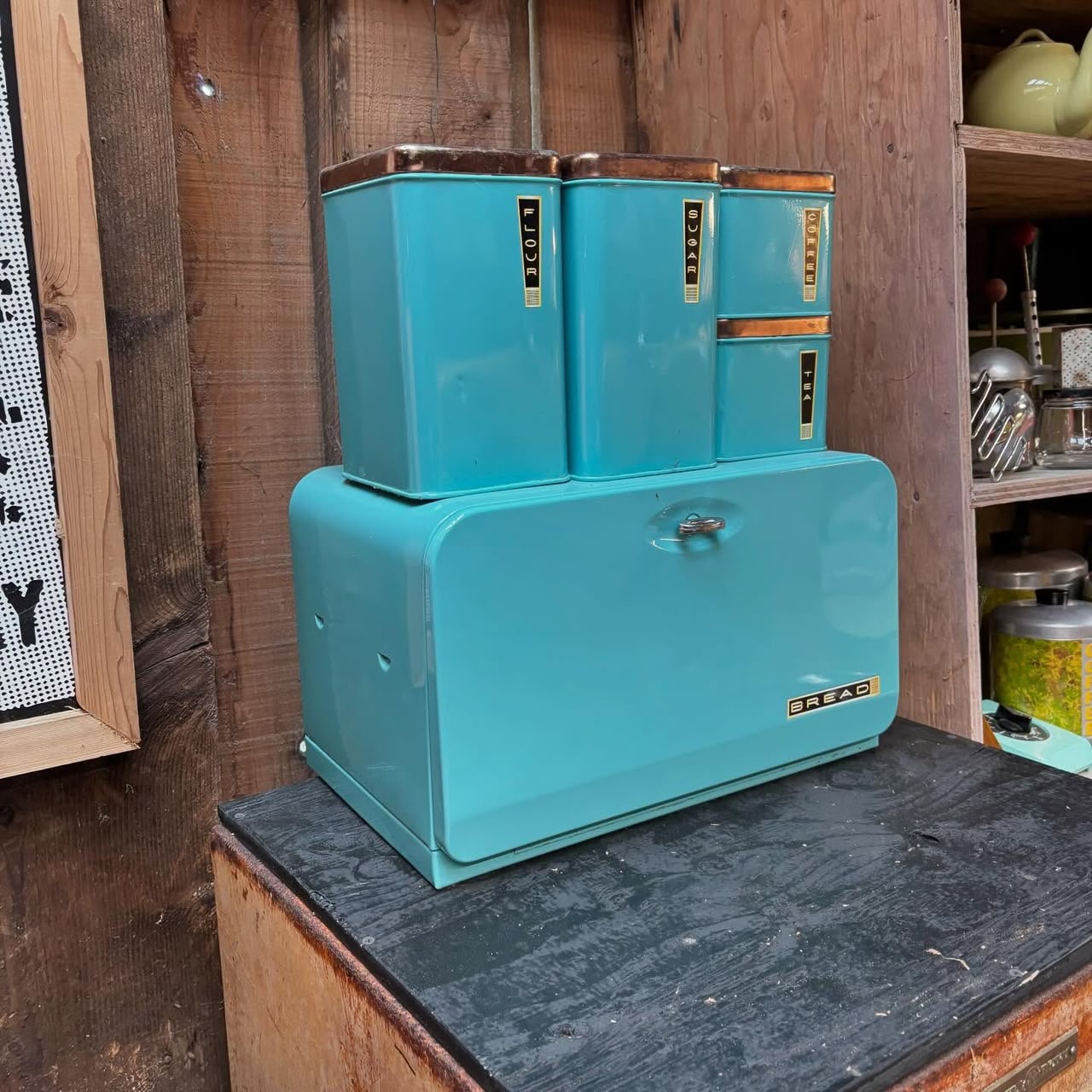 Turquoise Bread Box with Copper-Lid Canister Set