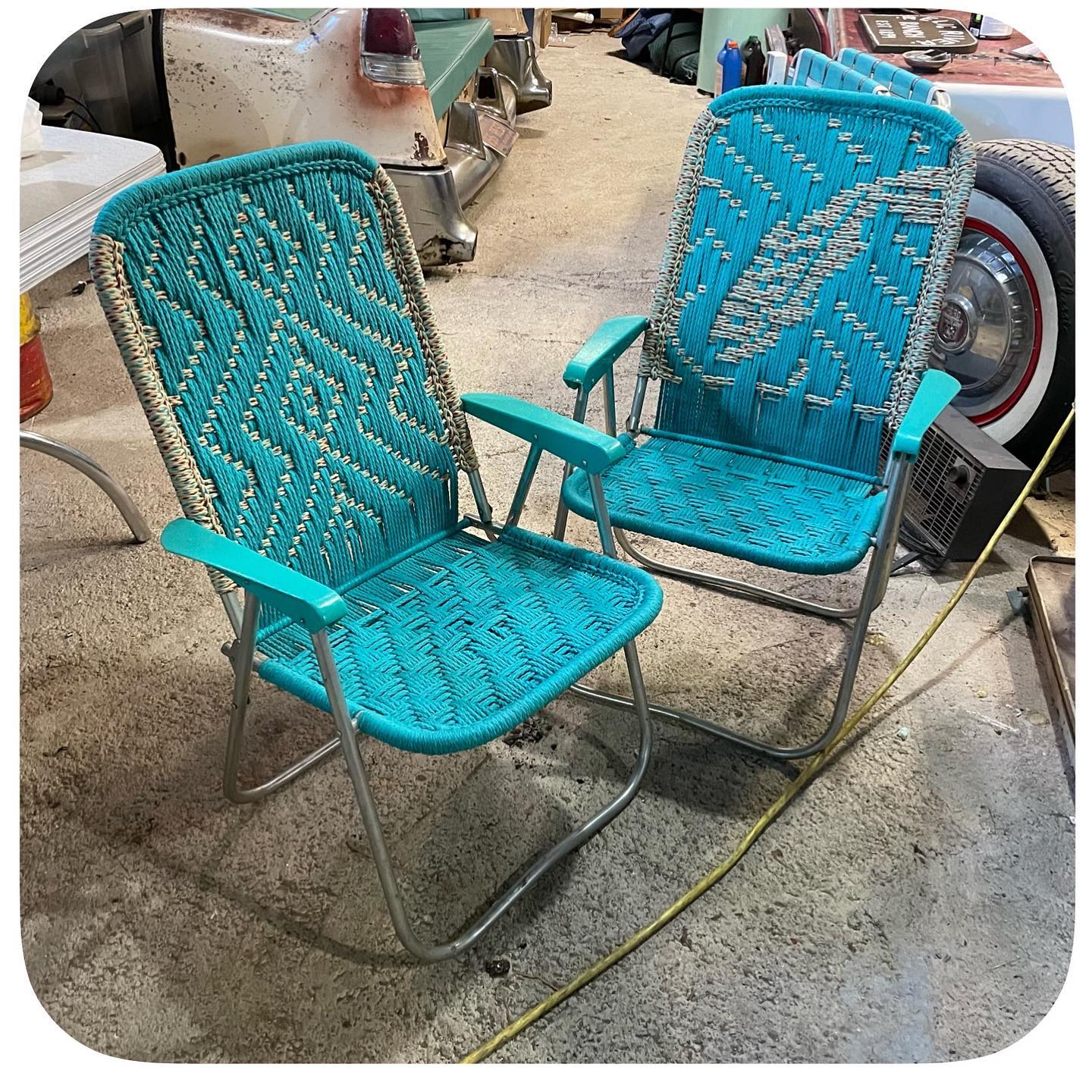 Macramé Folding Lawn Chairs, Turquoise (Pair)