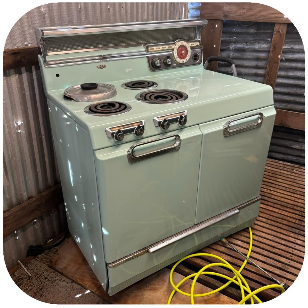 Double-Oven Electric Range with Clock, Mint Green