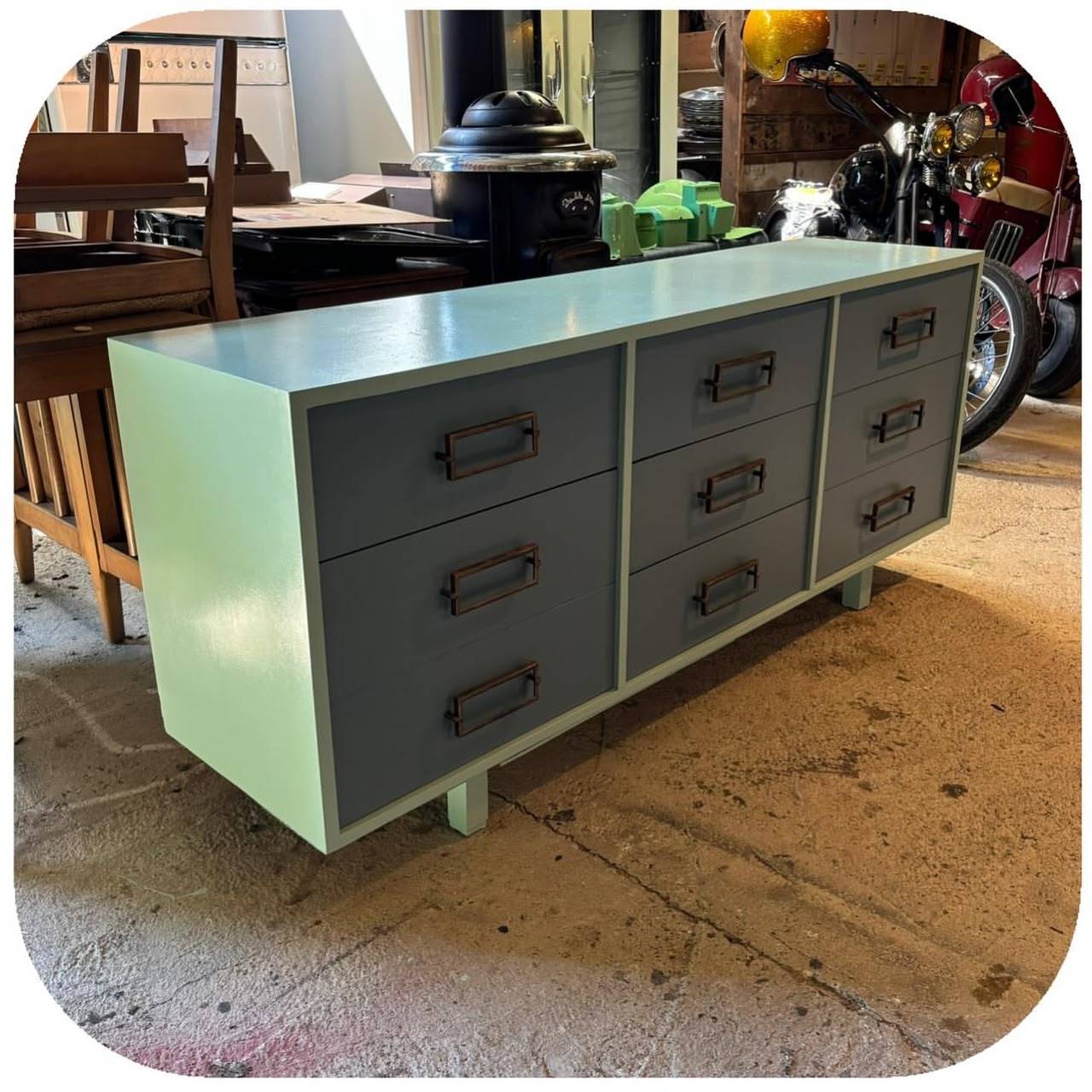 Mid-Century 9-Drawer Lowboy Dresser, Mint & Slate Blue