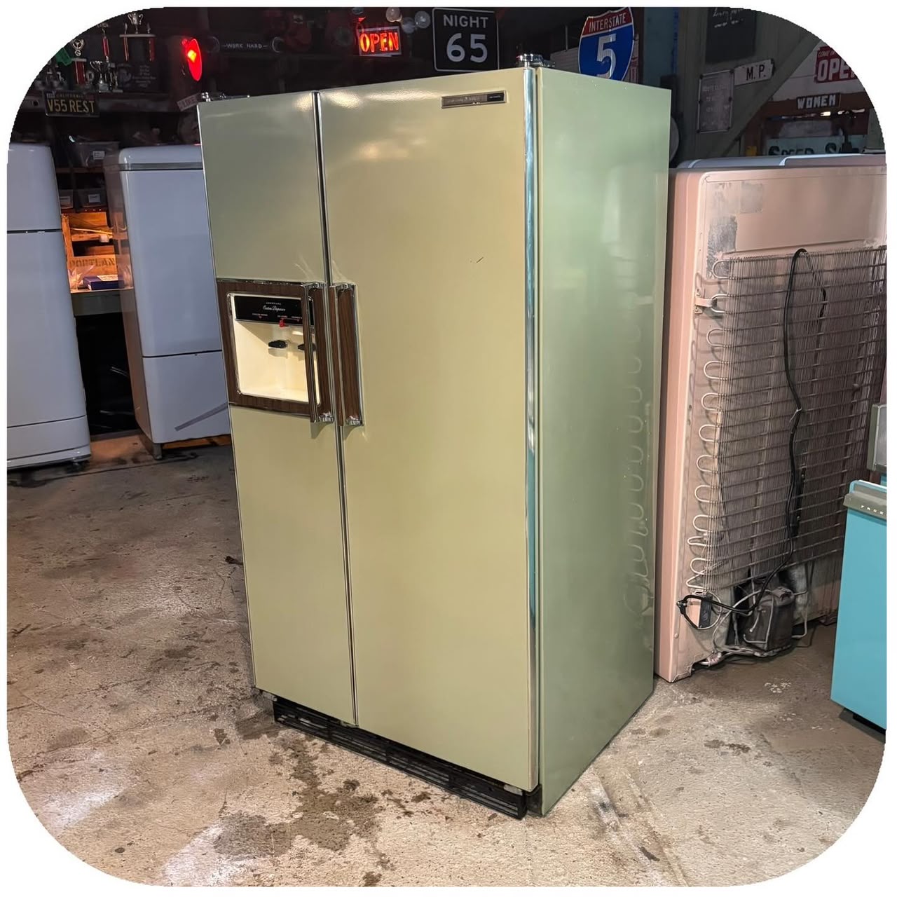 1970s GE Side-by-Side Refrigerator with Custom Dispenser, Avocado