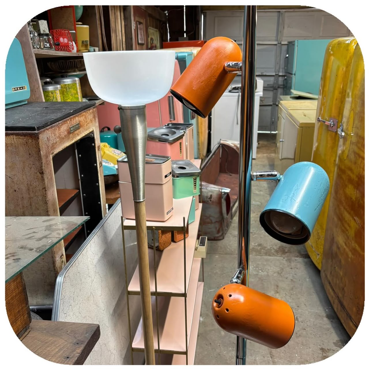 Mid-Century Tension Pole Lamp with Spotlight Cans